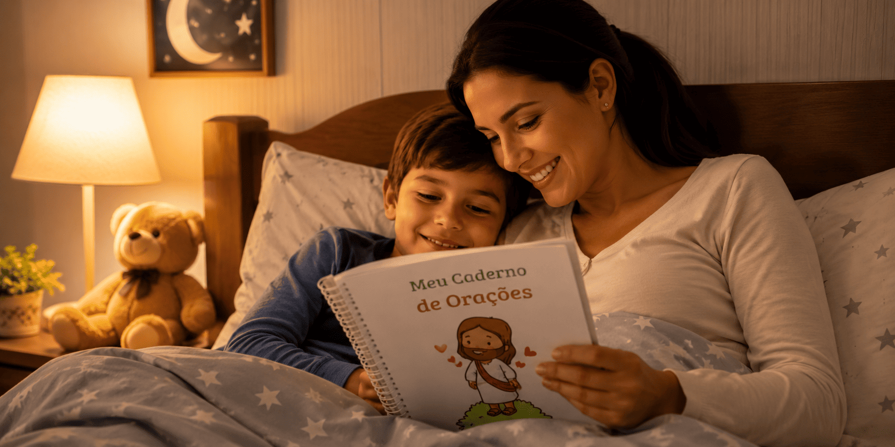 Mãe e filho usando o Caderno de Orações